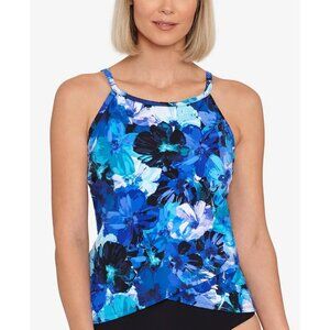 Swim Solutions Womens Floral High Neck Tankini Swim Top Blue Black Size 8